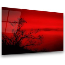 Glass Art Kırmızı Gökyüzü ve Ağaçlar Yatay Cam Tablo