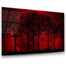 Glass Art Kırmızı Ay ve Ağaçlar Yatay Cam Tablo