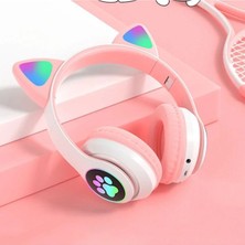 Teknoexpress Kedi Tasarımlı LED Işıklı Mikrofonlu Bluetooth Kulaklık Kablolu Kablosuz Kulaküstü Pembe