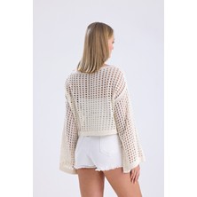 Si&ze Kadın Ajurlu Yarasa Kol Crop Ekru