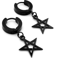 Solfera Pentagram Yıldız Sallantılı Siyah Paslanmaz Çelik Halka Erkek Küpe ER069