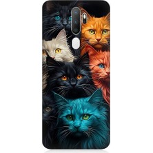 Teknomeg Oppo A9 2020 Uyumlu Renkli Sevimli Kedi Yüzleri Desenli Silikon Kılıf