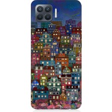 Teknomeg Oppo Reno 4 Lite Uyumlu Minyatür Evler ve Gece Desenli Silikon Kılıf