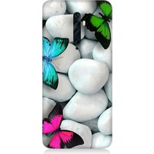 Teknomeg Oppo Reno 2z Uyumlu Mavi Yeşil Pembe Kelebekler ve Beyaz Taşlar Desenli Silikon Kılıf