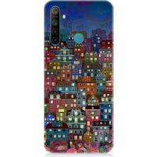 Teknomeg Realme 5i Uyumlu Minyatür Evler ve Gece Desenli Silikon Kılıf