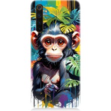 Teknomeg Realme 6 Pro Uyumlu Sevimli Maymun ve Yapraklar Desenli Silikon Kılıf