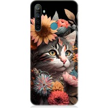 Teknomeg Realme 5i Uyumlu Çiçekler ve Kül Gri Kedi Desenli Silikon Kılıf