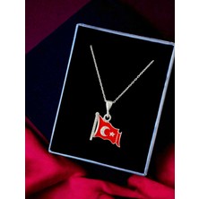 Alâ Silver Jewellery Türk Bayrağı Taşlı Tasarım Kırmızı Mineli 925 Ayar Gümüş Kolye