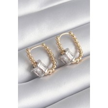 Shopzum Pirinç Gold Renk Top Model Gümüş Renk Zirkon Taşlı Kadın Küpe