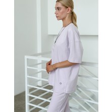 Vesado Kadın Bisiklet Yaka Lila Oversize T-Shirt