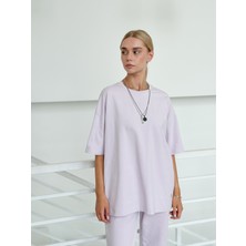 Vesado Kadın Bisiklet Yaka Lila Oversize T-Shirt