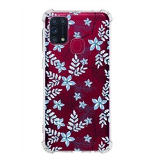PrintiFy  Samsung Galaxy M31 Köşe Korumalı Antişok Kapak Floral Mavi Tasarımlı Şeffaf Kılıf