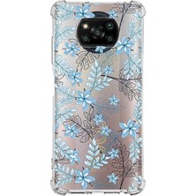 PrintiFy  Xiaomi Poco X3 Pro Köşe Korumalı Antişok Kapak Floral Mavi Tasarımlı Şeffaf Silikon Kılıf