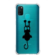 PrintiFy  Samsung Galaxy M21 Köşe Korumalı Antişok Kapak Çizgi Kedi Tasarımlı Şeffaf Kılıf