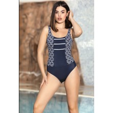 Hazelin Kadın Lacivert U Yaka Ip Detaylı Desenli Astarlı Yüzücü Mayo HZL24S-AR1877