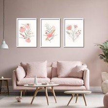 Gaagart 3'lü Ahşap Lamine Çerçeveli Mdf Tablo Pastel Pembe Çiçekler