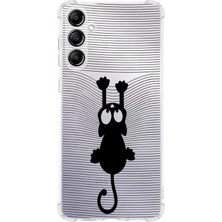 Printify Samsung Galaxy M54 Uyumlu Köşe Korumalı Antişok Kapak Çizgi Kedi (Siyah) Tasarımlı Şeffaf Kılıf