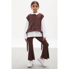 Cansın Mini Kahve Süveterli Gömlekli Boncuk Detaylı Yırtmaçlı Taytlı Kız Çocuk Takım 18170