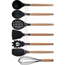 Kitchen Design Lab Siyah Bambu Silikon Servis Set - Kepçe, Kaşık, Kevgir, Makarna, Açılı Düz Spatula, Çırpıcı 7 Adet