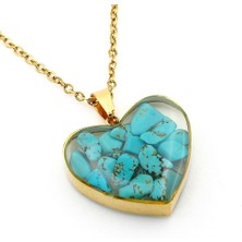Solfera Mavi Turkuaz Doğal Taşlı Kalp Sarı Çelik Zincir Kadın Kolye Q0800