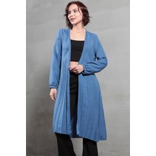 Kadın Kuşaklı Piliseli Uzun Aerobin Hırka İndigo - 6019