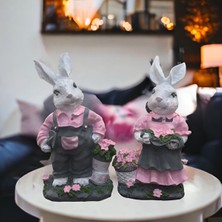Sister Home Design Bahçede Tavşanlar Pembe Gri Biblo Dekorasyon