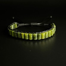 Yıldız Doğal Taş Yeşim Silindir Kesim Makrome Doğal Taş Deri Unisex Bileklik