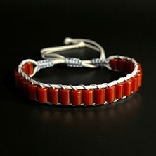 Yıldız Doğal Taş Akik Taşı Silindir Kesim Makrome Doğal Taş Deri Unisex Bileklik