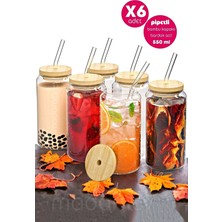 madamev 6'lı Bambu Kapaklı Pipetli Cam Bardak Isıya Dayanıklı Borosilikat Kola Şekilli Kahve Sunum Bardağı