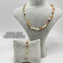 Yıldız Doğal Taş Sertifikalı Karışık Natural Kesim Makrome Doğal Taş Bileklik ve Kolye Set