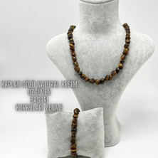 Yıldız Doğal Taş Sertifikalı Kaplan Gözü Natural Kesim Makrome Doğal Taş Bileklik ve Kolye Set