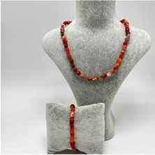 Yıldız Doğal Taş Sertifikalı Kırmızı Akik Natural Kesim Makrome Doğal Taş Bileklik ve Kolye Set