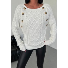 Nosia Fashion Kayık Yaka Düğme Detaylı Kadın Uzun Triko Kazak