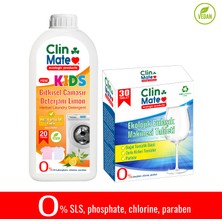 Clinmate 2'li Set Yeni Kids Bitkisel Çocuk Deterjanı Limon 750 ml 20 Yıkama + Ekolojik Bulaşık Tableti