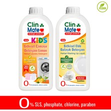 Clinmate 2'li Set Yeni Kids Bitkisel Çocuk Deterjanı Limon 750 ml 20 Yıkama + Elde Bulaşık Kokusuz 750 ml