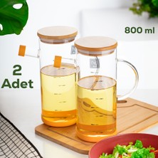 Porsima 401275 2'li Alisa Bambu Kapaklı Borosilikat Ölçekli Cam Yağlık Silikon Tabanlı Dereceli Yağdanlık 800 ml