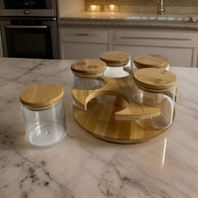 Yeşilçam Sepeti Bambu Döner Standlı 5’li Vakumlu Kapaklı Cam Kavanoz Seti