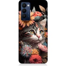 Teknomeg Tecno Camon 18 Uyumlu Çiçekler ve Kül Gri Kedi Desenli Silikon Kılıf