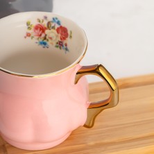 Porsima 11607 2'li Gold Yaldızlı Porselen Mug Kupa Bardak - Kulplu Çay Kahve Bardağı Seti - 200 cc Gri-Pembe