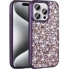 HTstore Apple iPhone Uyumlu 15 Pro Kılıf Parlak Taşlı Tasarım Zore Linea Kapak-Derin Mor