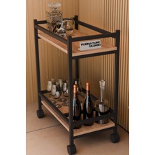 Furnature Design Servis Sunum Arabası Ev Tipi Iki Katlı Şişe Bölmeli Servant Bar Cart Atlantik Çam