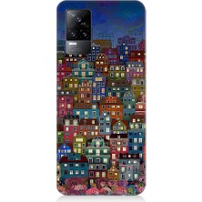 Teknomeg Vivo V21E Uyumlu Minyatür Evler ve Gece Desenli Silikon Kılıf