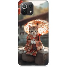 Teknomeg Xiaomi Mi 11 Lite Uyumlu Geyşa Kıyafetli Kedi Desenli Silikon Kılıf