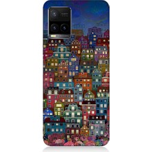 Teknomeg Vivo Y21S Uyumlu Minyatür Evler ve Gece Desenli Silikon Kılıf