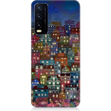 Teknomeg Vivo Y20S Uyumlu Minyatür Evler ve Gece Desenli Silikon Kılıf