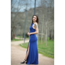 Butik Halter Yaka Zincirli Uzun Abiye Elbise