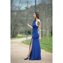 Butik Halter Yaka Zincirli Uzun Abiye Elbise