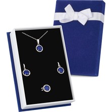 Forentina Gümüş Kaplama Lacivert Taşlı Kolye Küpe Yüzük Lacivert Kadife Kutuda Hediye Takı Seti PS3364