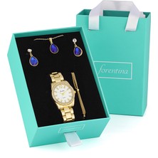 Forentina Altın Kaplama Lacivert Taşlı Kolye Küpe Bileklik Saat Takı Seti PS3268