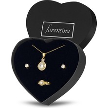 Forentina Altın Kaplama Tektaş Kolye Küpe Yüzük Kalpli Kutuda Hediye Takı Seti PS3264